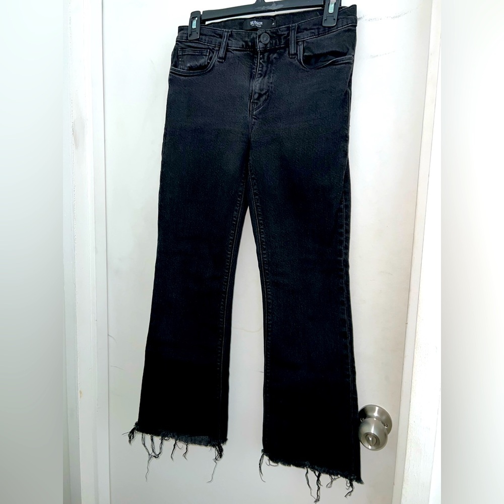 Hudson Jeans Cropped Straight Leg Black Jeans with Frayed Hem